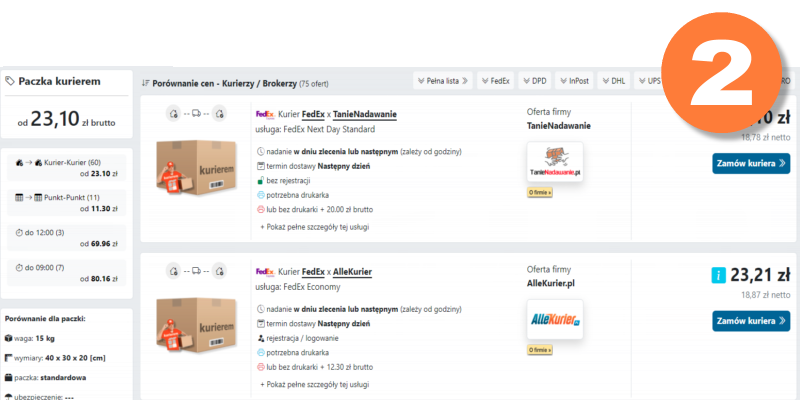 z listy kurierów wybierz firmę kurierską